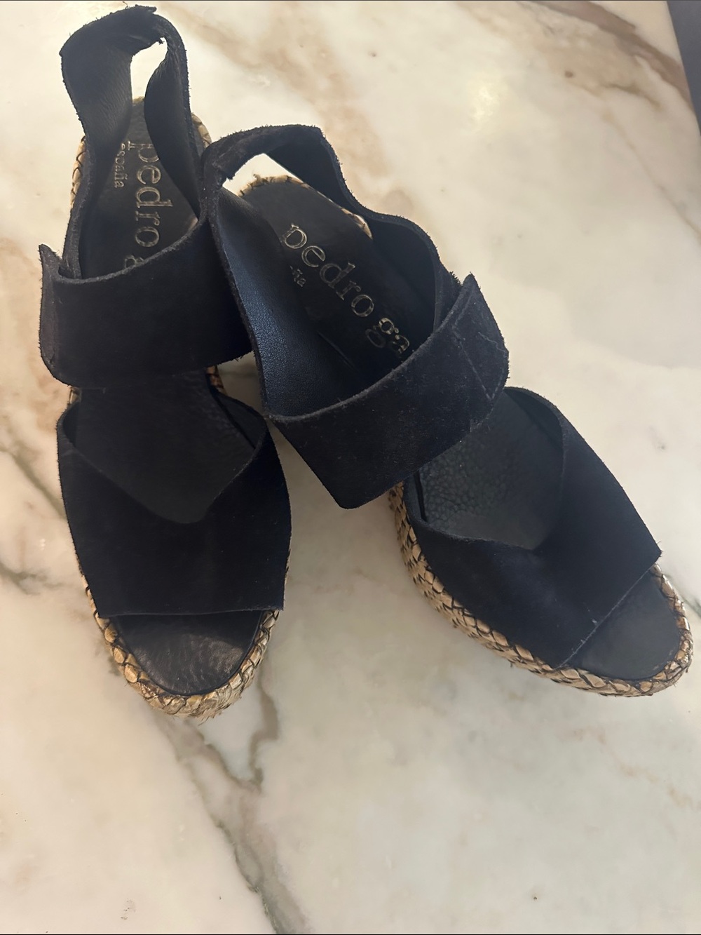 Pedro Garcia Black Suede Braided Espadrille Wedge Sandals